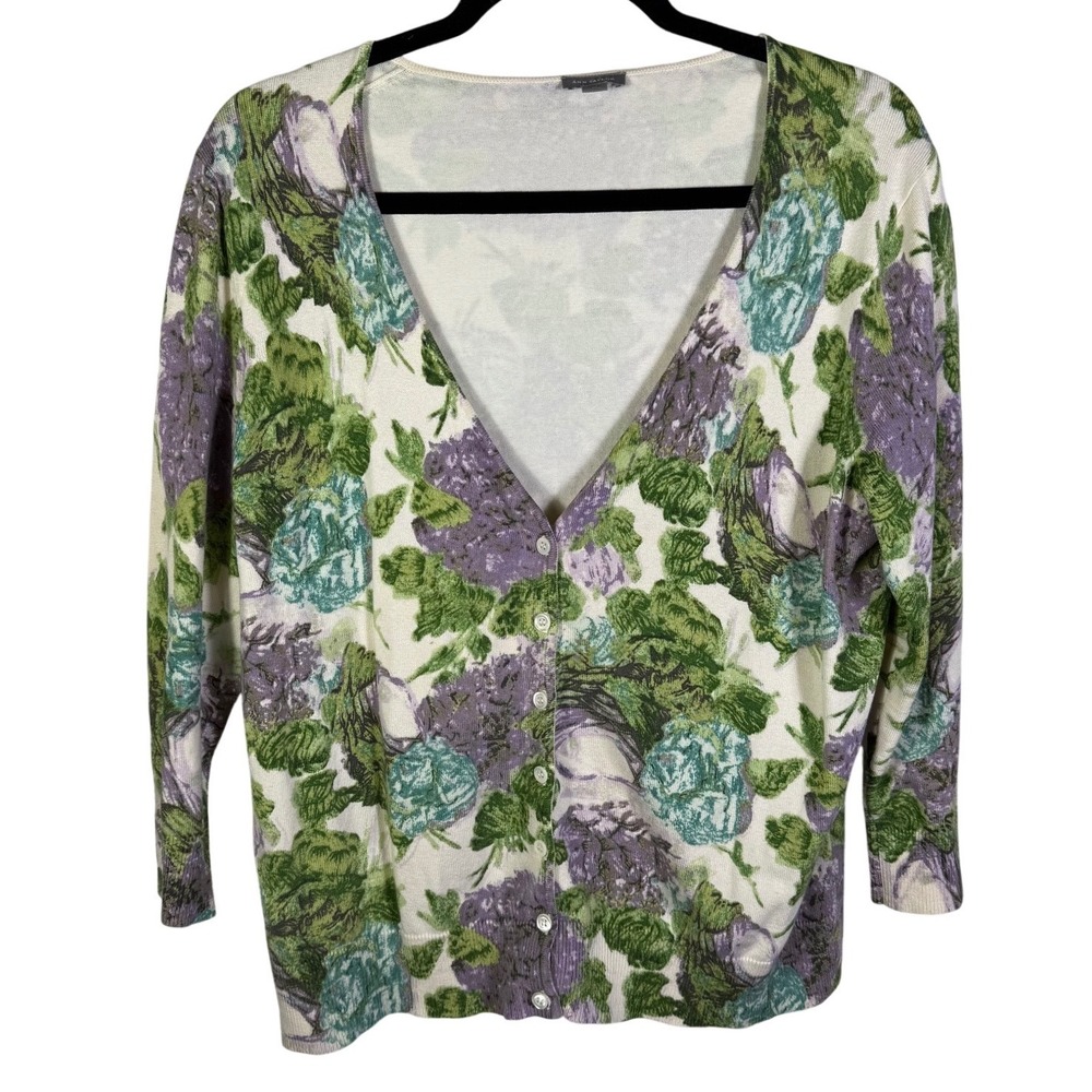 Ann Taylor Silk Cashmere Blend Floral Cardigan Sweater XL Purple Green Botanical